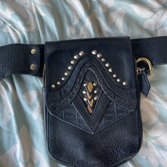 Handbags - Black Leather Studded Women's festival holster belt